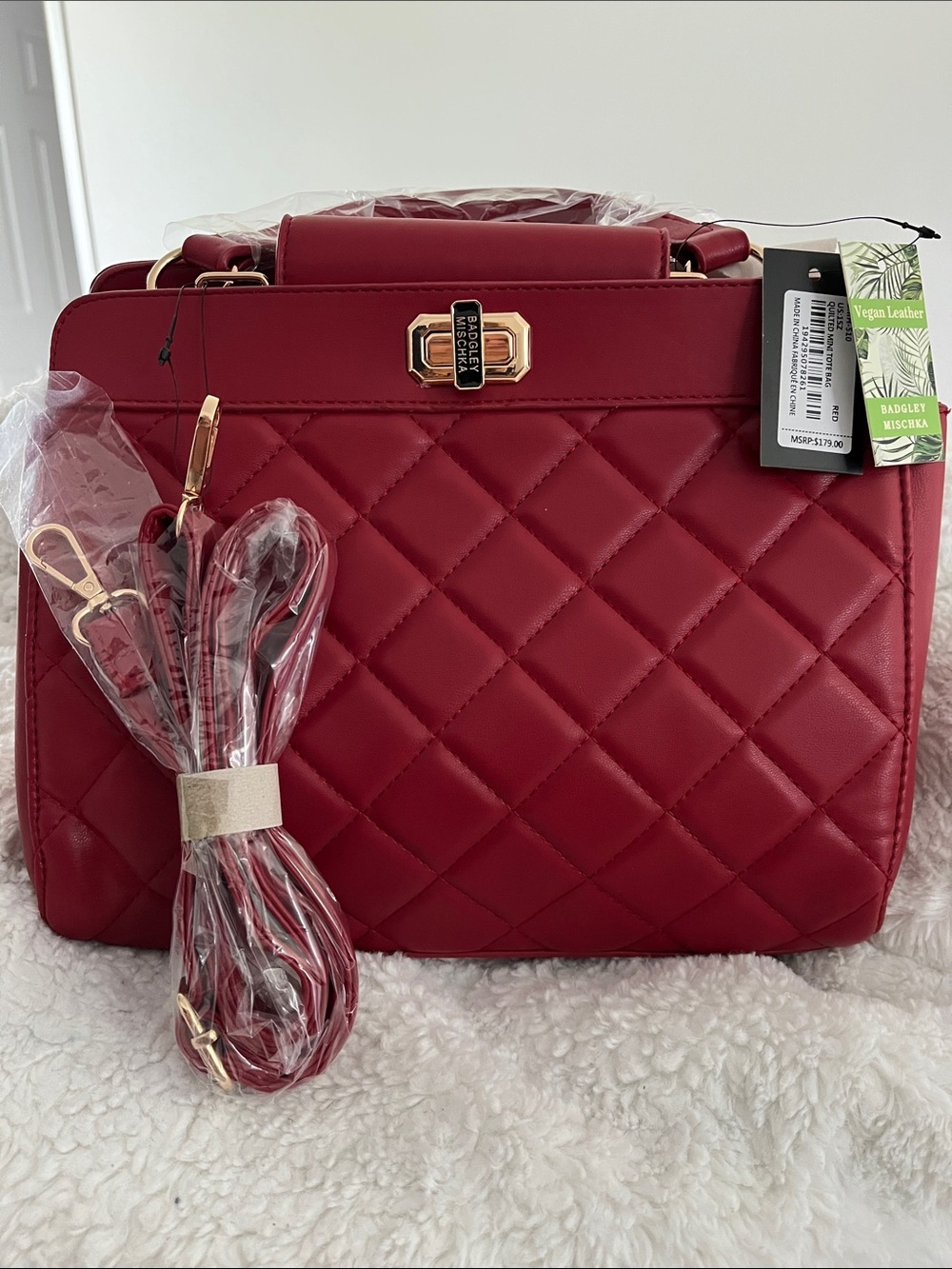 Badgley Mischka Red Quilted Vegan Leather Top-Handle Satchel